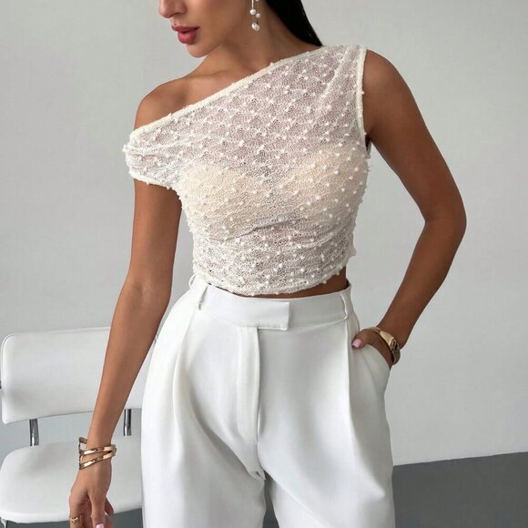 Apricot Casual Women's Asymmetric Neck Textured Knit Gathered Bodycon T-Shirt - Picture 4 of 7